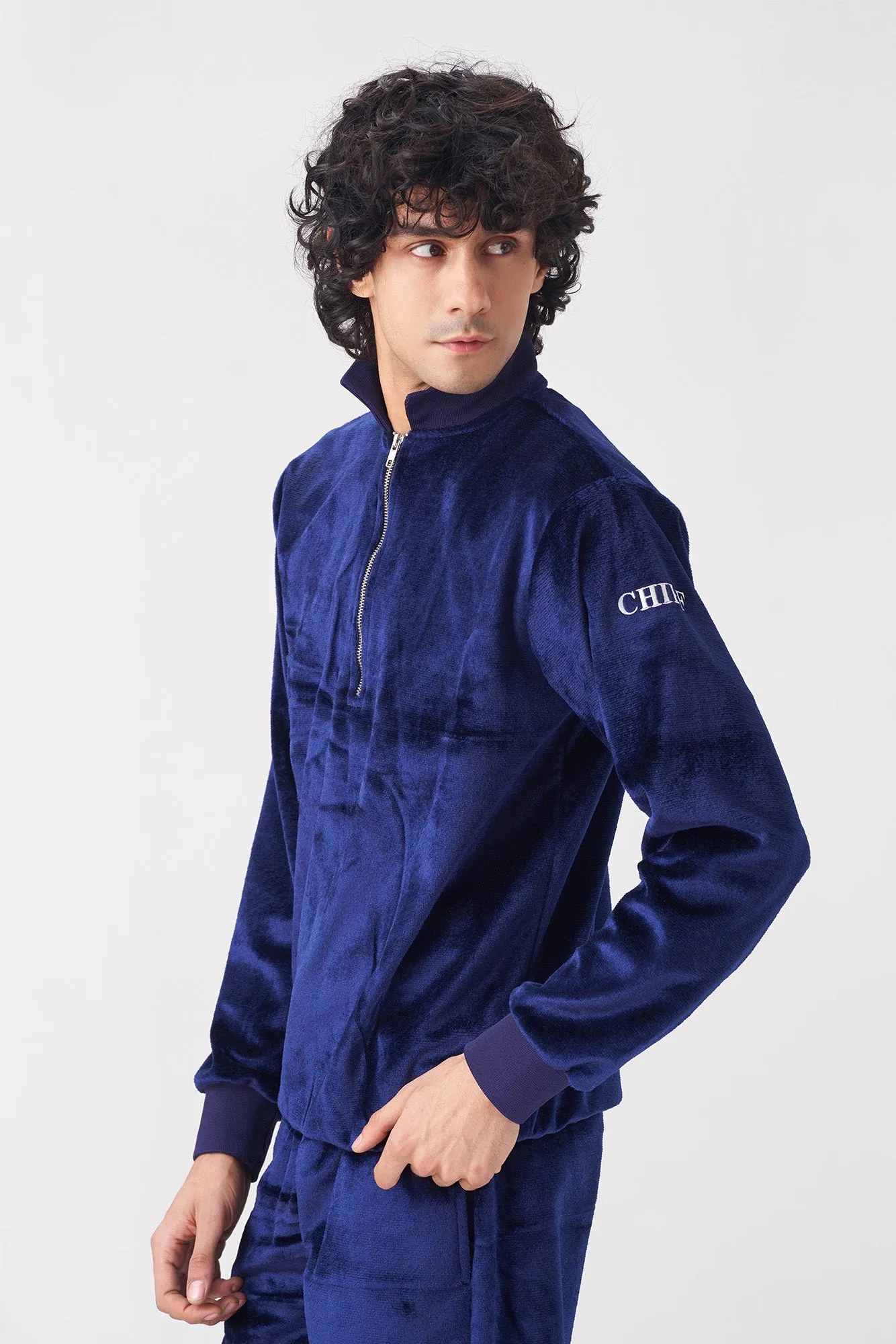 Men's Navy Blue Velvet Tracksuit with Zipper Collar