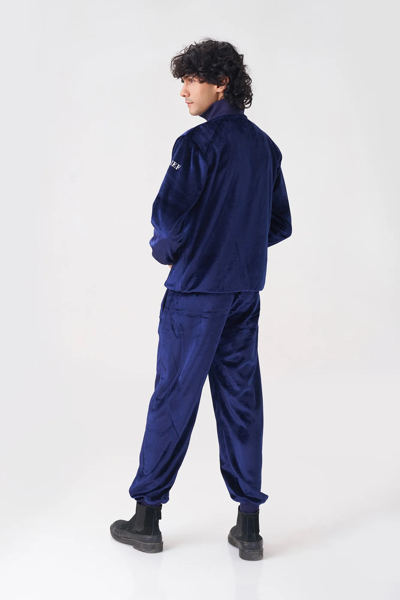 Men's Navy Blue Velvet Tracksuit with Zipper Collar