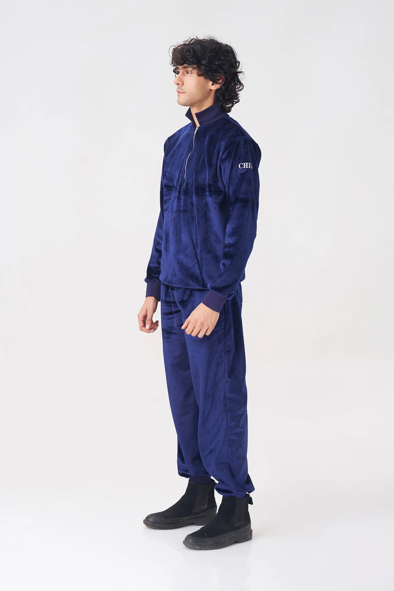 Men's Navy Blue Velvet Tracksuit with Zipper Collar