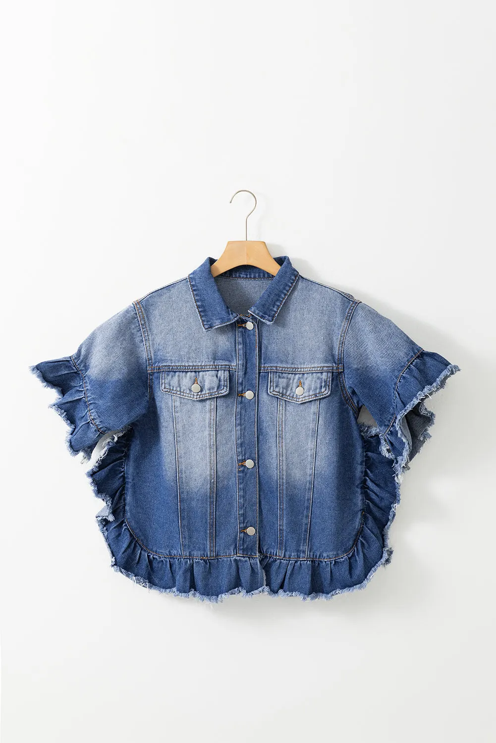 Peacock Blue Raw Edge Ruffled Short Sleeve Denim Jacket