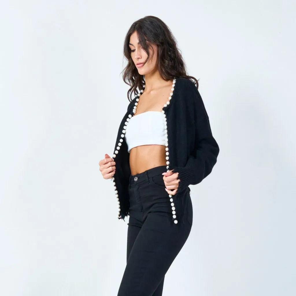 Pearl-trimmed cardigan with distressed edges wholesale