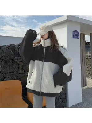 Romildi Harajuku Women Lambswool Jackets Oversized Korean Style Streetwear Fleece Hoodie Female Winter Oversized Velvet Coats