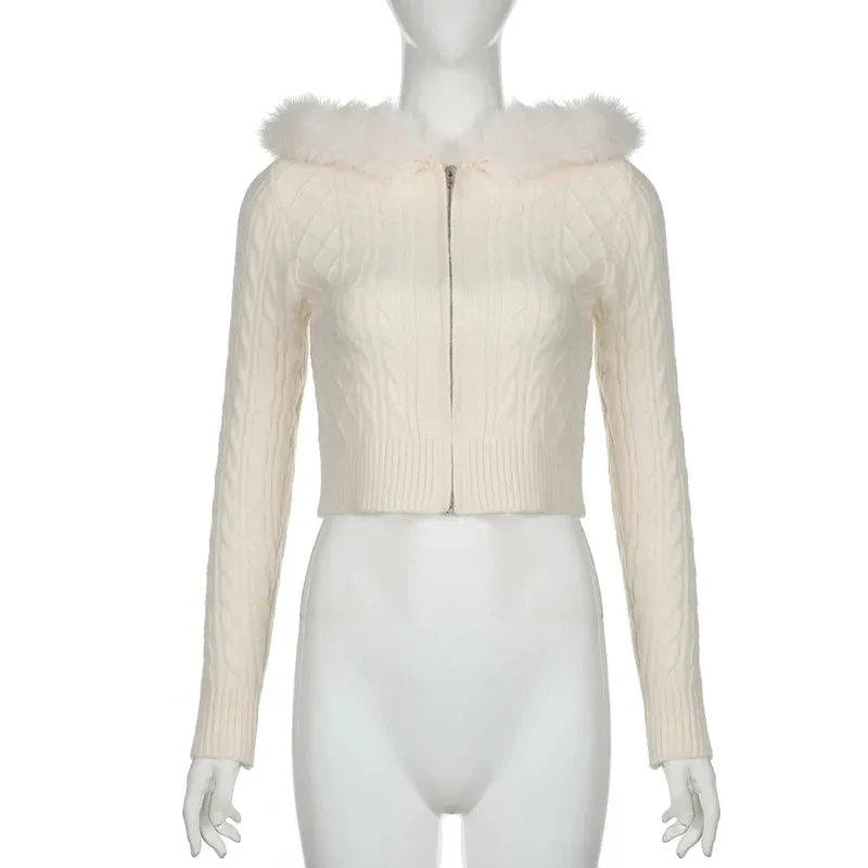 SUCHCUTE Beige Furry Trim Hooded Cropped Cardigan Coat