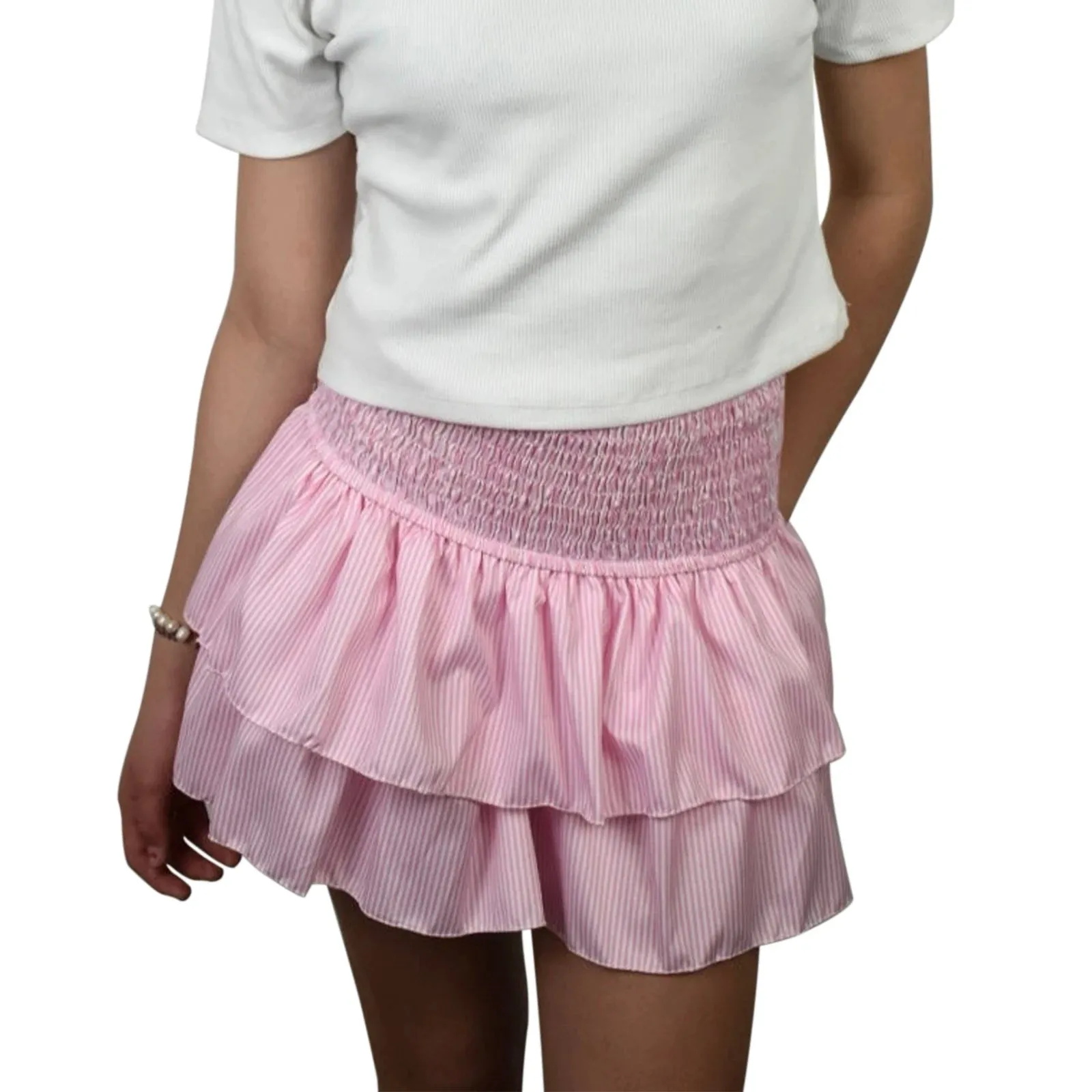 Sunloudy Women's Smocked Ruffle Hem Mini Skirt High Waist Flared Pleated Skater Skirt for Playful Elegance