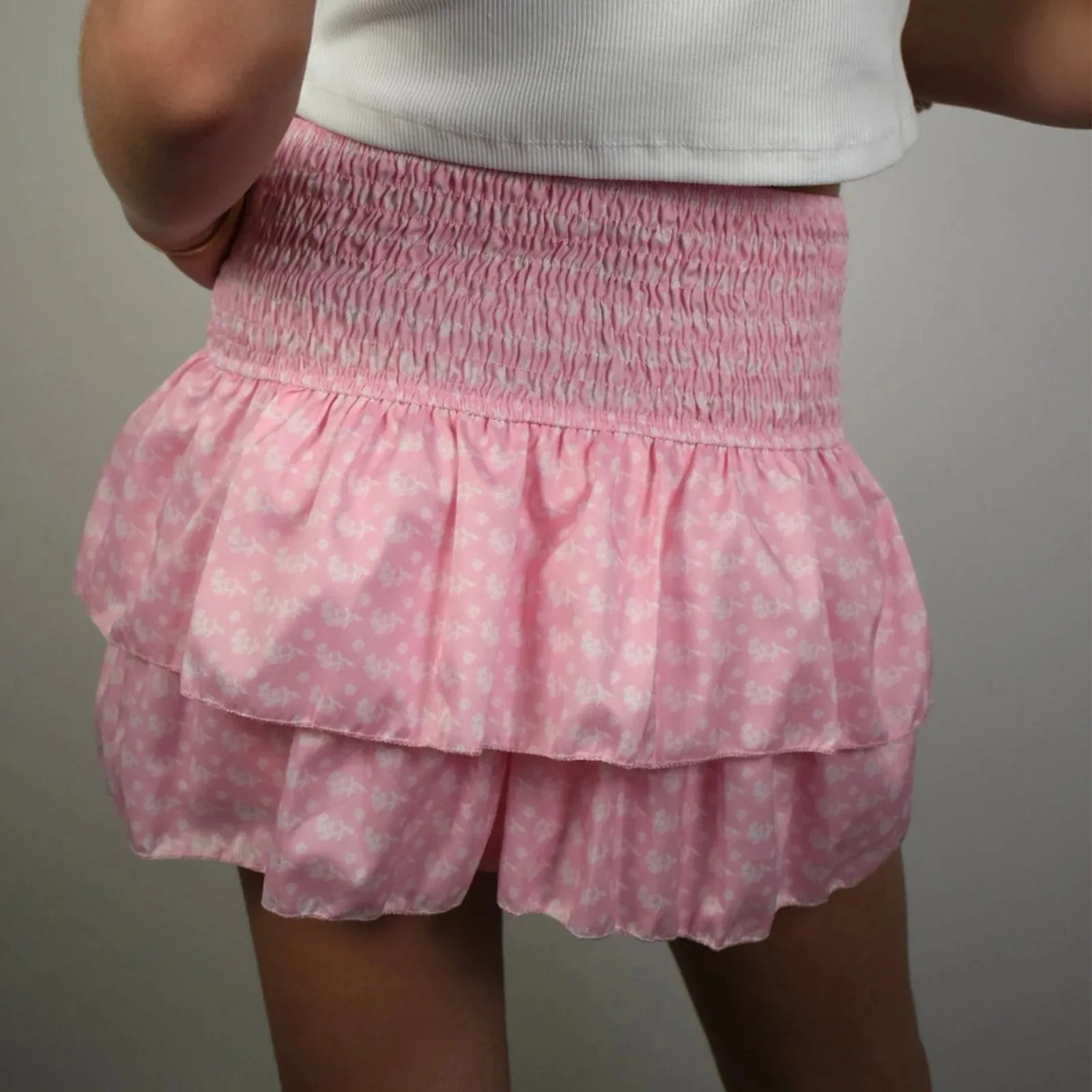 Sunloudy Women's Smocked Ruffle Hem Mini Skirt High Waist Flared Pleated Skater Skirt for Playful Elegance