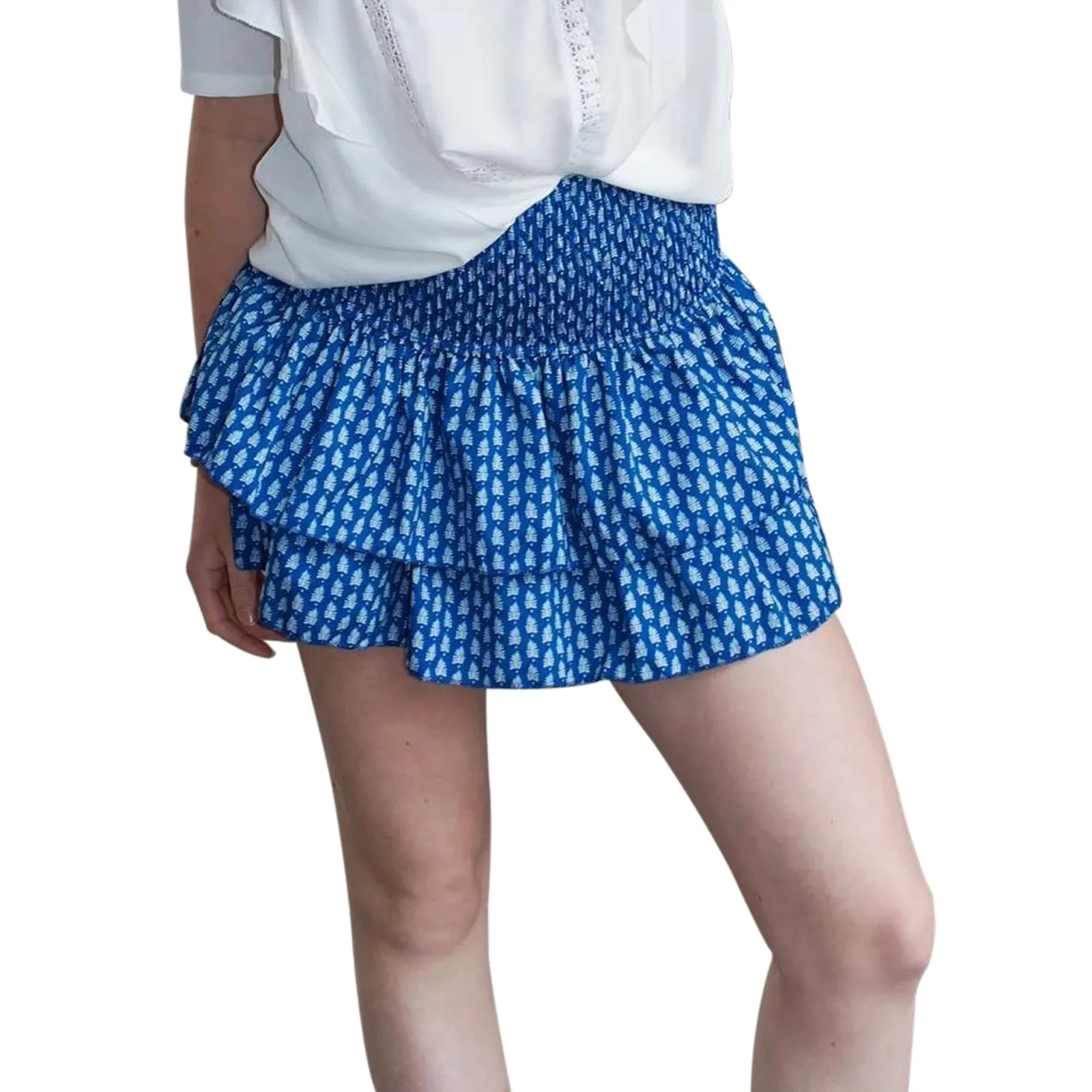 Sunloudy Women's Smocked Ruffle Hem Mini Skirt High Waist Flared Pleated Skater Skirt for Playful Elegance