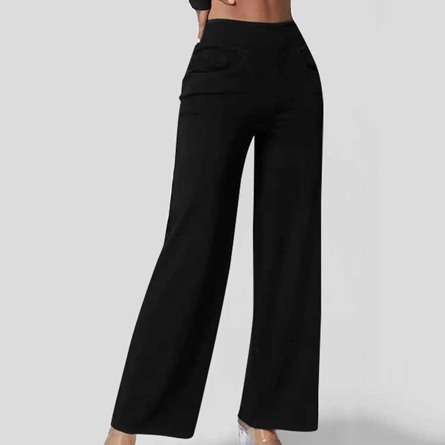 Women Casual Jeans Strethcy Elastic Waist Pull On Summer Straight Leg Denim Pants High Waisted Trousers with Pockets