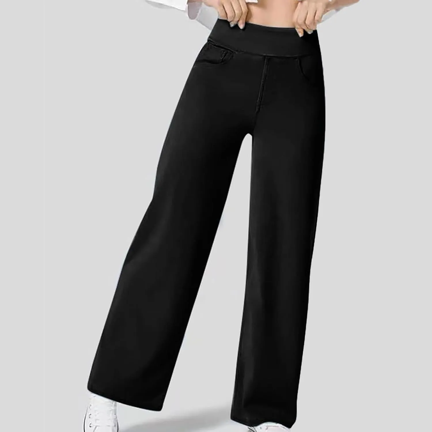Women Casual Jeans Strethcy Elastic Waist Pull On Summer Straight Leg Denim Pants High Waisted Trousers with Pockets
