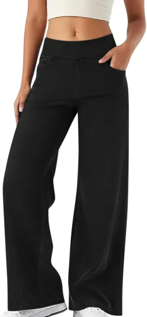 Women Casual Jeans Strethcy Elastic Waist Pull On Summer Straight Leg Denim Pants High Waisted Trousers with Pockets