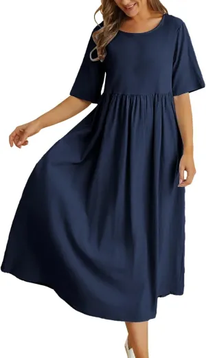 Women Summer Short Sleeve A-Line Midi Dresses Floral T-Shirt Dress Flowy Beach Sundress with Pockets Casual Mini Beach Dress