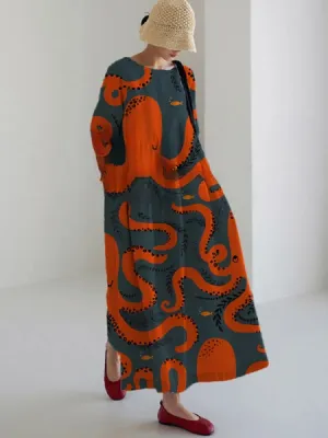 Women's Art Retro Leaves Print Loose Round Neck Medium Length Skirt Dress