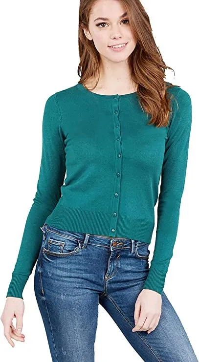 Women's Basic Long Sleeve Round Neck Button Down Rayon Sweater Cardigan