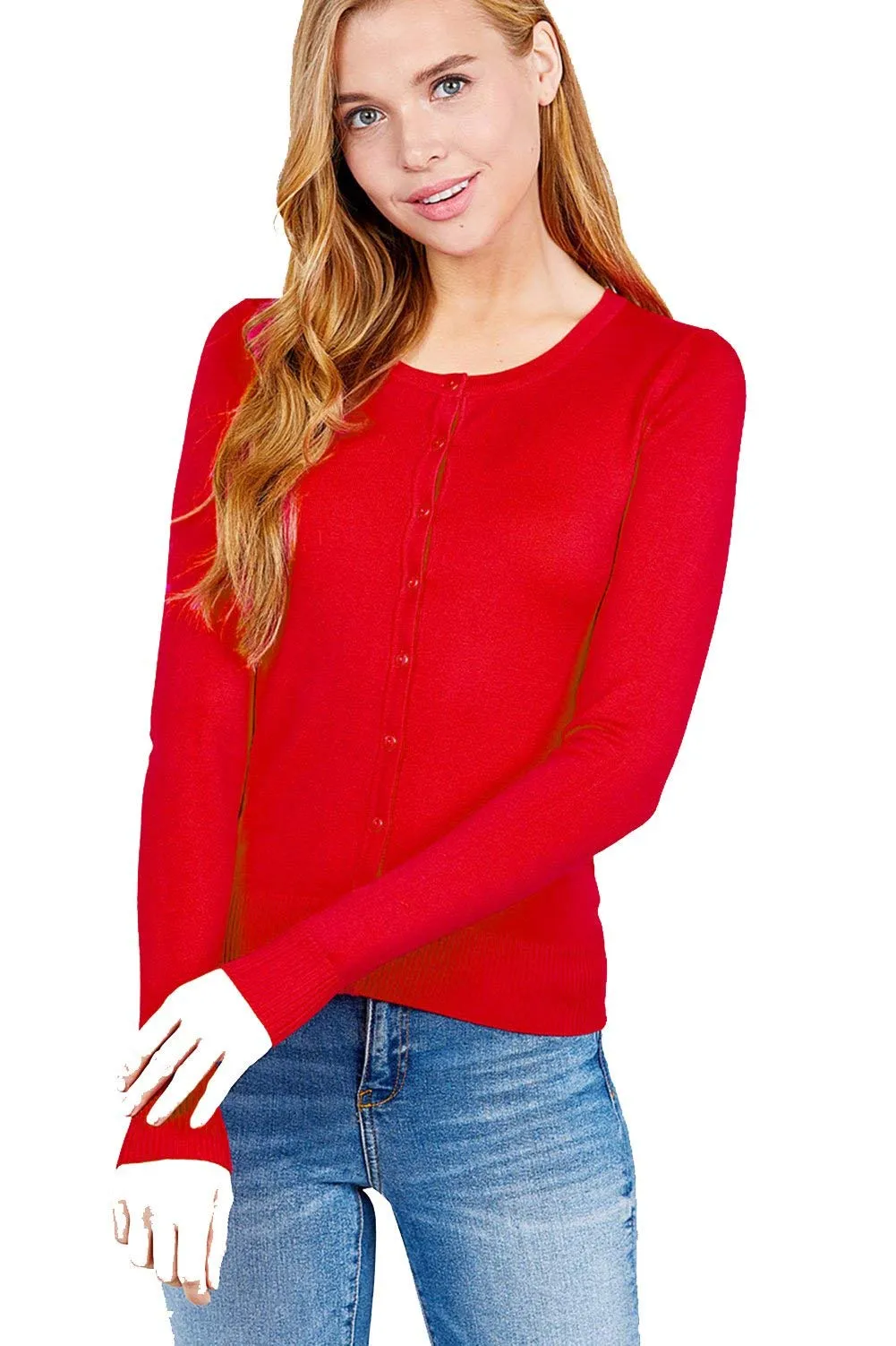 Women's Basic Long Sleeve Round Neck Button Down Rayon Sweater Cardigan