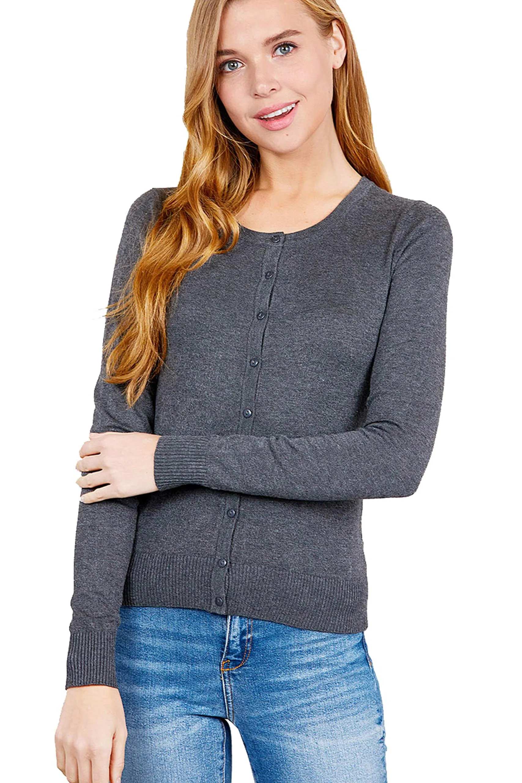 Women's Basic Long Sleeve Round Neck Button Down Rayon Sweater Cardigan