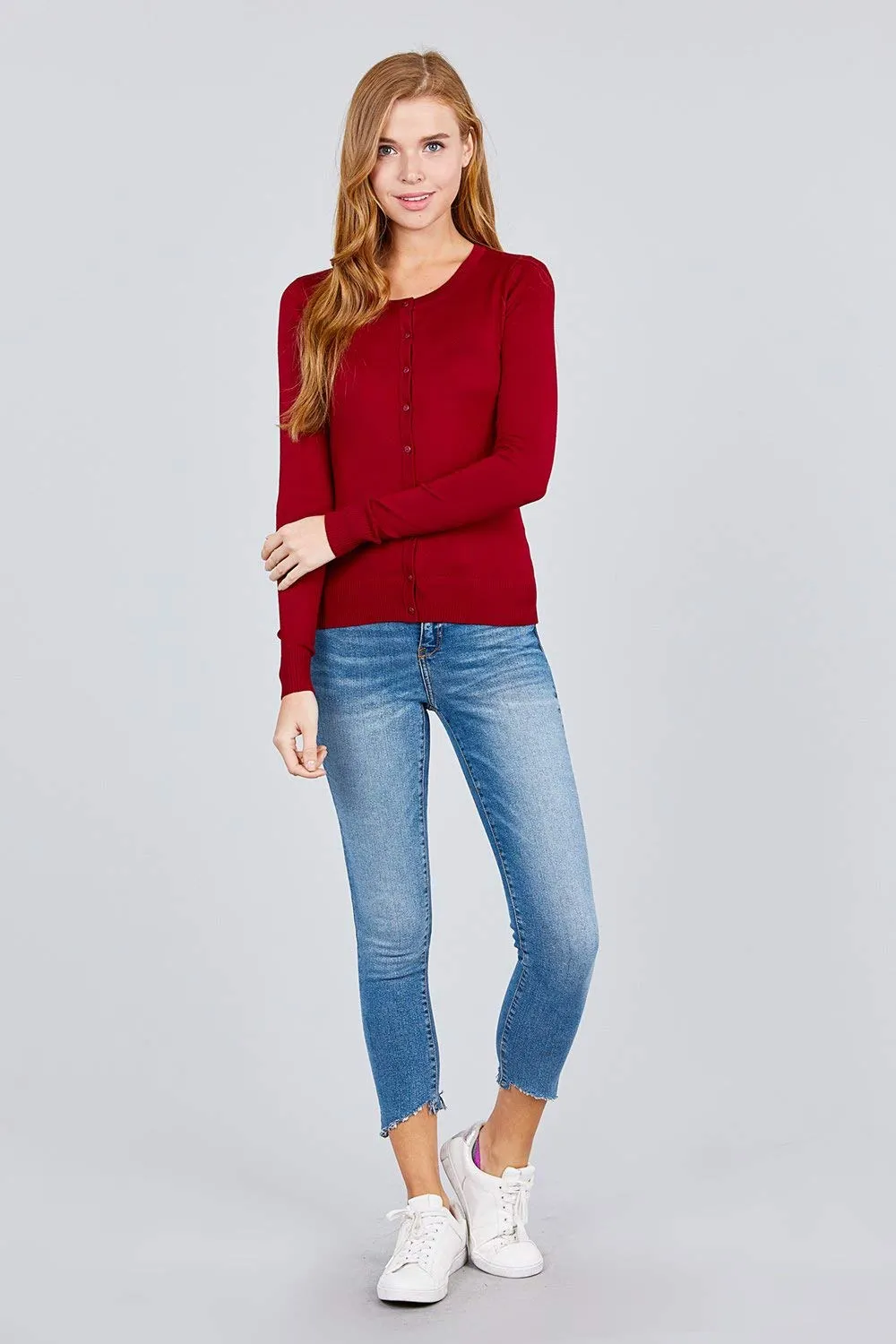 Women's Basic Long Sleeve Round Neck Button Down Rayon Sweater Cardigan