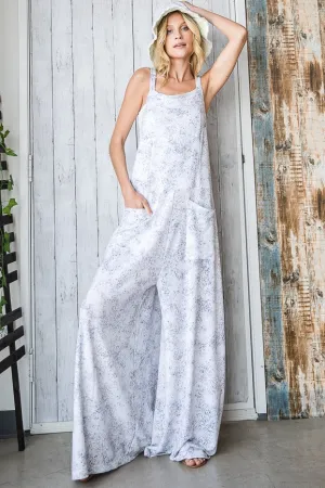 Women’s Bucketlist casual drawstring white & charcoal boho wide leg suspender pants