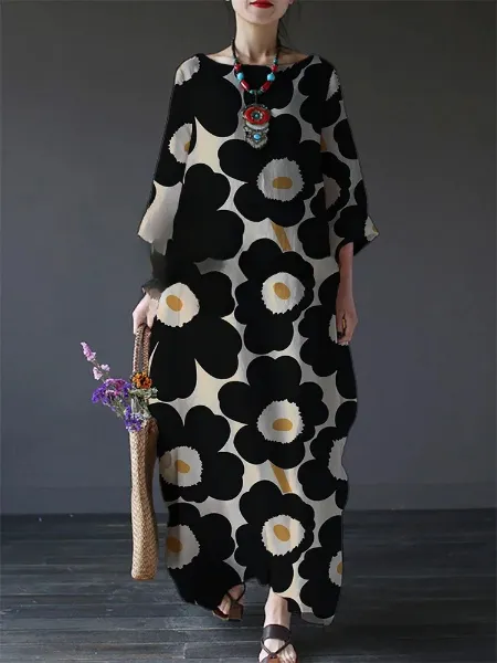 Women's Casual Black Flory Print Loose Round Neck Medium Length Dress