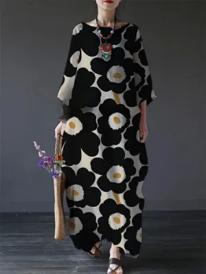 Women's Casual Black Flory Print Loose Round Neck Medium Length Dress